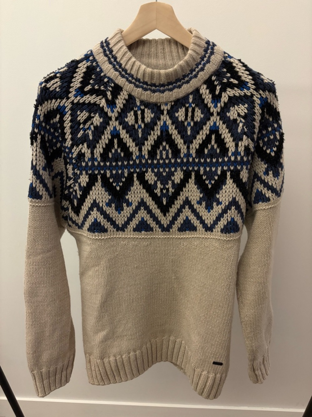 Hugo Boss Beige Fair Isle Knit Sweater with Navy and Black Pattern
